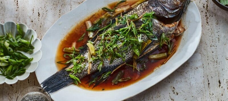 Easy-to-make Chinese Style Black Bass with Sauteed Bok Choy and Spring Garlic