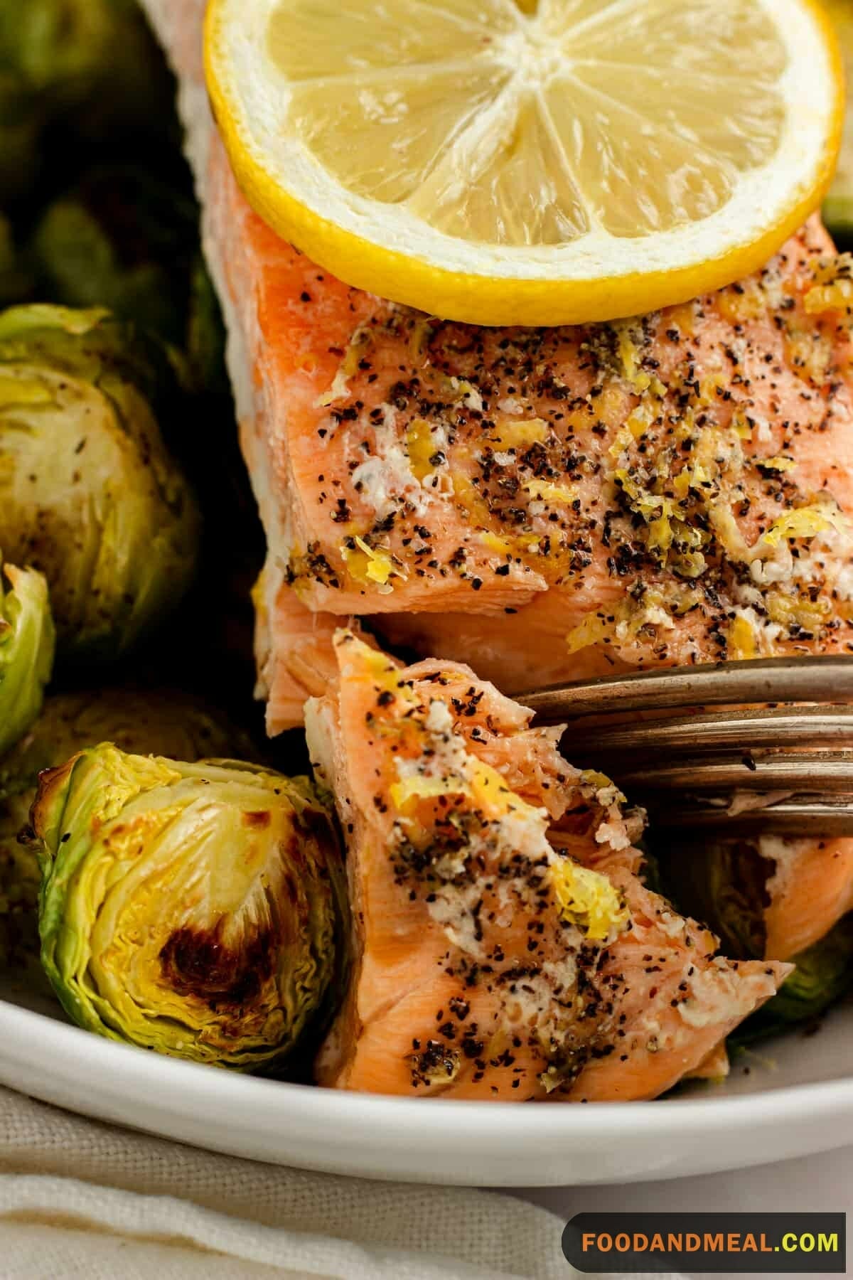 Salmon With Lemon Pepper Sauce And Roasted Brussel Sprouts