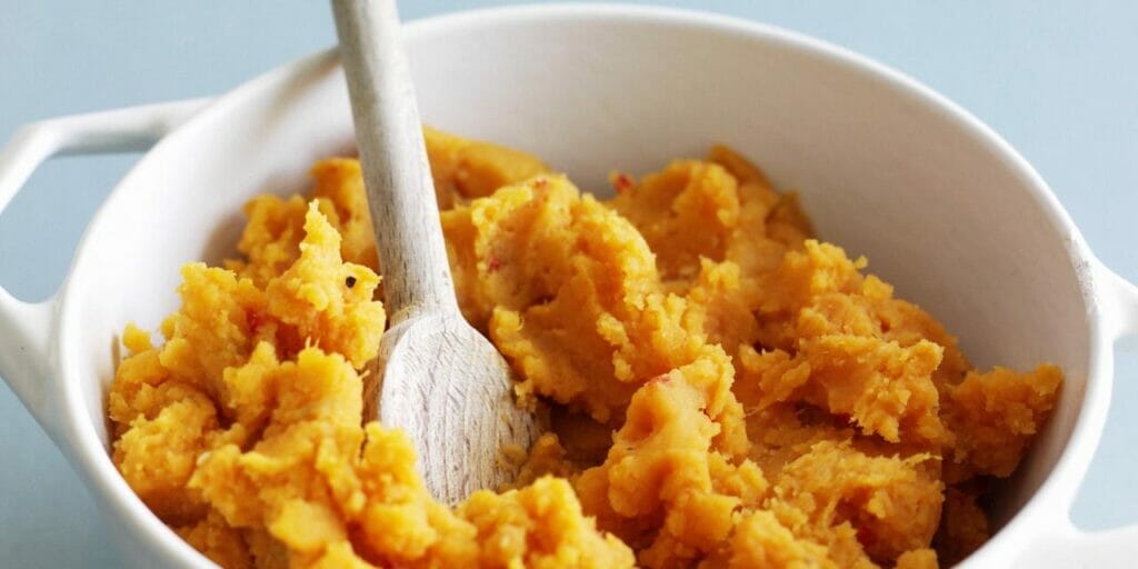 That golden hue of perfectly mashed sweet potatoes.