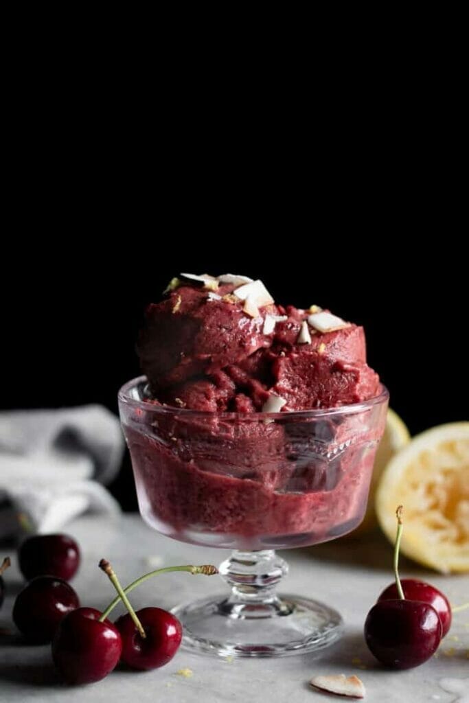 Coconut Sorbet with Cherries in Syrup