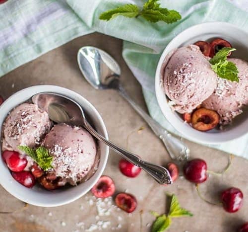 Coconut Sorbet with Cherries in Syrup