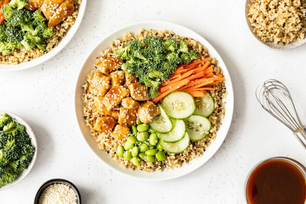 Japanese-style Quinoa bowls with Teriyaki Chicken recipe 8 Colorful Veggie Medley: "Add vibrancy and nutrition with a side of sautéed snap peas and bell peppers."