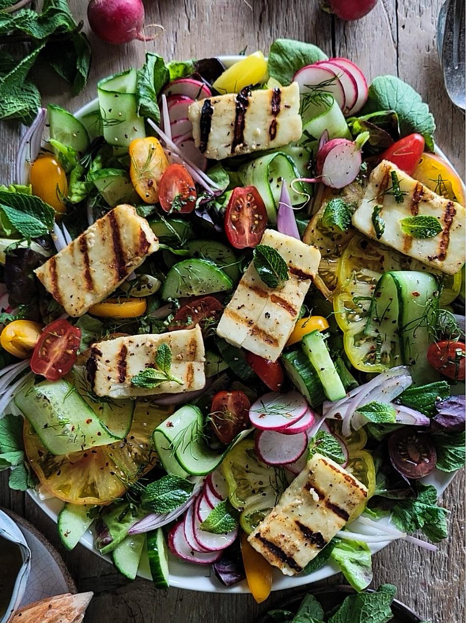 Easy-to-Make Fattoush Salad: Pomegranate & Halloumi Twist Recipe 9 The tantalizing golden hue of roasted halloumi – a centerpiece of our dish.