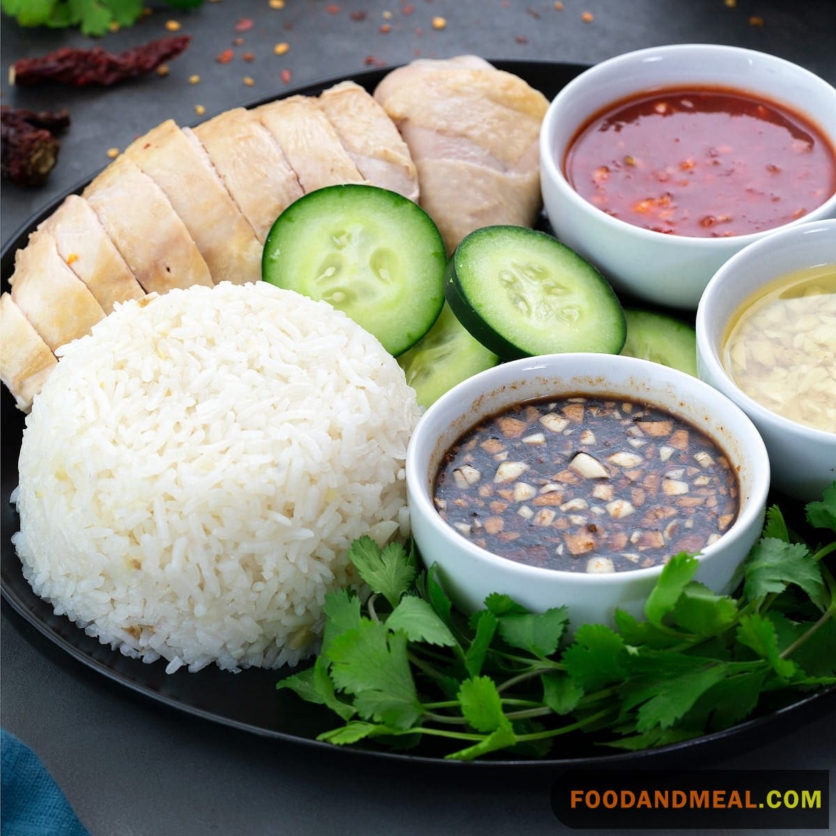 Soy Sesame Oil Dip Provides A Tangy, Nutty Component To Balance The Rice And Chicken.